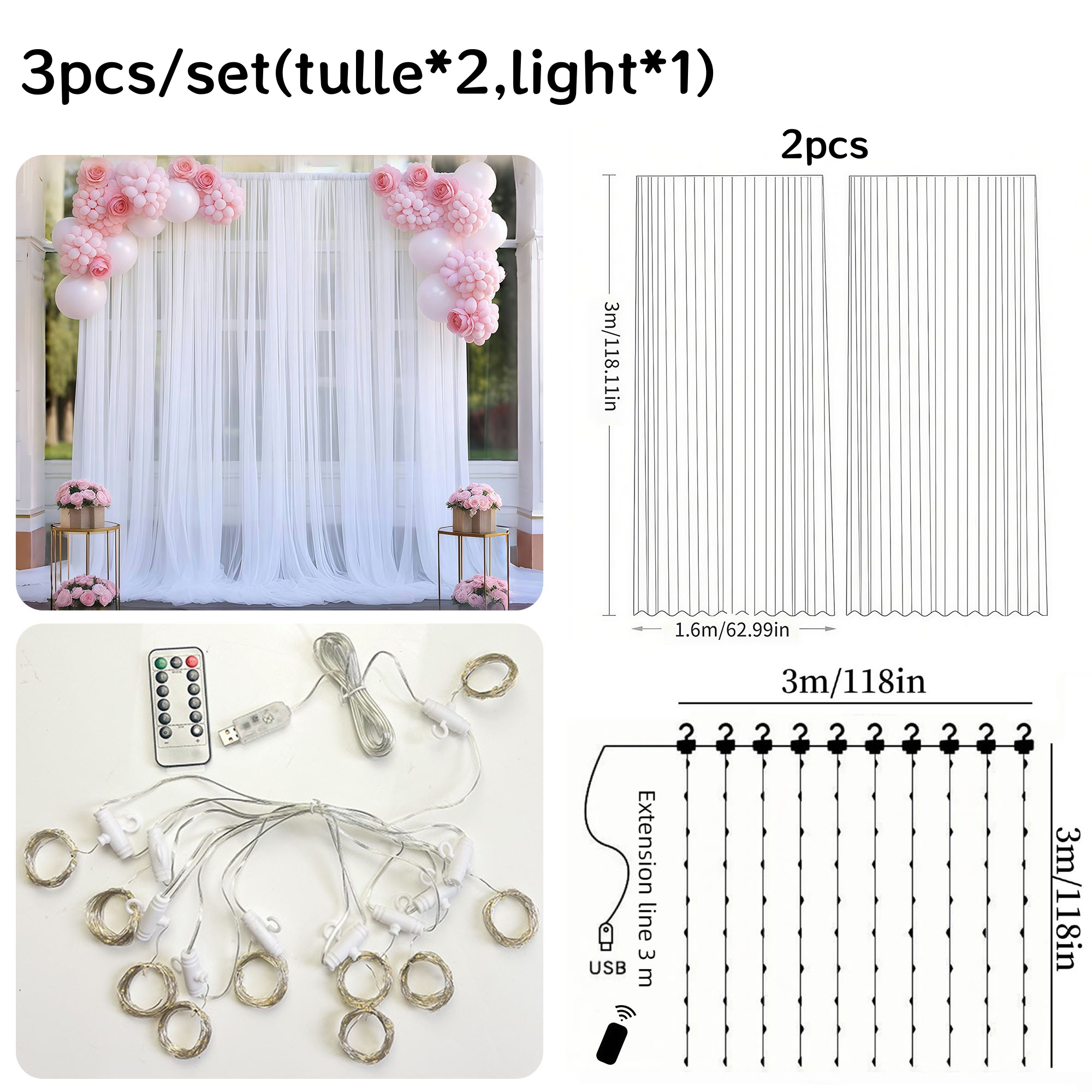 3pcs/set Tulle Backdrop Curtai - Photography Lighting Options avis et prix